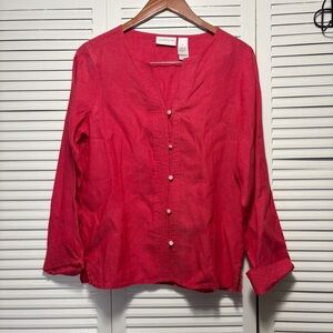 Liz Claiborne 100% Linen Top Hot Pink Pearl Button Up Shirt Laganlook Size M